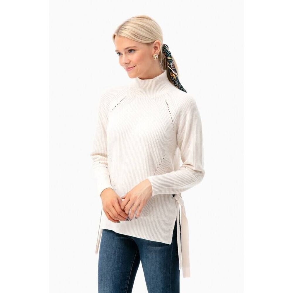 Rebecca Taylor Merino Wool Blend Sweater S Side Tie Mock Neck Pointelle Cream‎